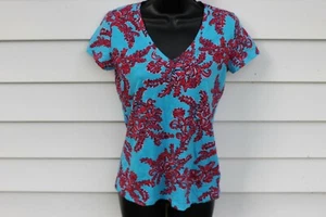 LILLY PULITZER WOMEN'S PRINT SHIRT SIZE XS BLUE AND RED COLOR SHORT SLEEVES NEW - Picture 1 of 4
