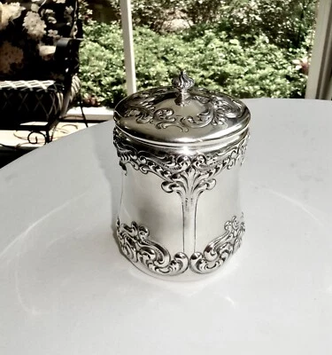 ANTIGA VASILHA DE PRATA ESTERLINA J.E.CALDWELL REPOUSSE, FRASCO DE PÓ, LATA DE TABACO, 6" - Imagem 1 de 4