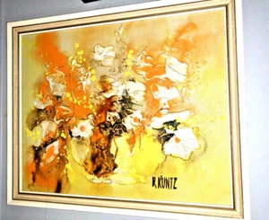 MCM impasto oil painting bold abstract floral 17" signed ORANGE YELLOW framed - Picture 1 of 7