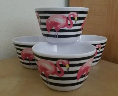 NUEVO (4) Cynthia Rowley Melamina 4" Tazas/Cuencos Adorable Rosa Flamenco Decoración del Hogar Foto 1 de 3