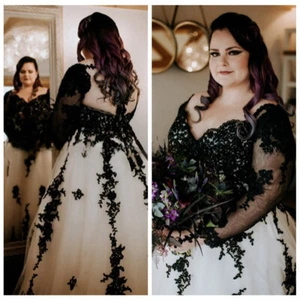 Black And White Wedding Dress Plus Size Custom Made Long Sleeves Lace A-line - Picture 1 of 11