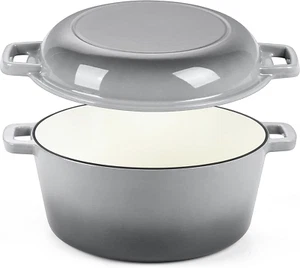 Grey Enameled Cast Iron Dutch Oven Bread Baking 5Qt 2-In-1 Pot Lid Set Skillet - Picture 1 of 7