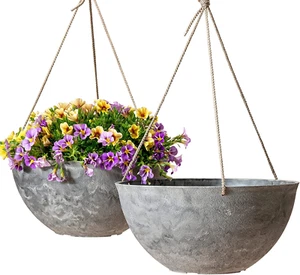 Large Hanging Planters for Indoor Outdoor Plants, Hanging Flower Pots Marble Pat - Picture 1 of 8