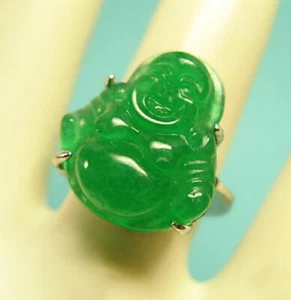 Genuine Green Jade 18KWGP Laughing Maitreya Buddha Ring Size 7.8.9 - Picture 1 of 3