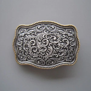 Western Gold/Silver Carved Flower Pattern Metal Belt Buckle - Picture 1 of 1