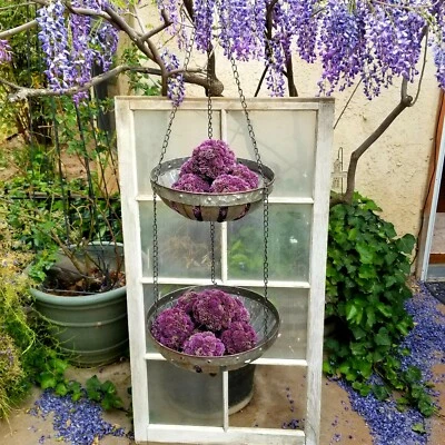 Maceta doble colgante de metal estilo antiguo con fondo de listones rústicos Foto 1 de 4