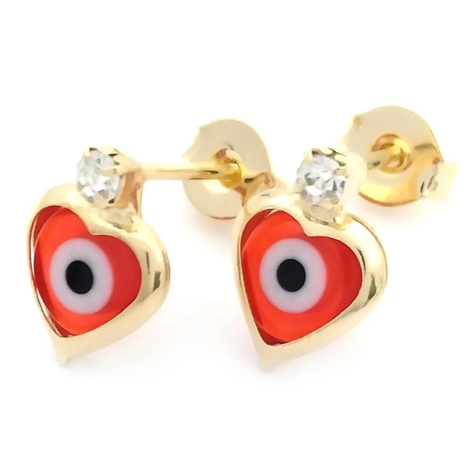 PENDIENTE CHAPADO EN ORO 14K 11 MM ESMALTE ROJO MAL DE OJO CON CIRCONITA BLANCA M544 Foto 1 de 1