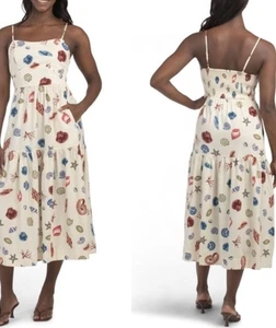 Nuevo con etiquetas Vestido Cynthia Rowley 100% Lino Vacaciones Volantes en Niveles Nuevas Conchas 🐚 Midi - Imagen 1 de 4