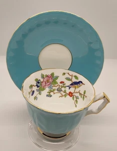 Aynsley Fine English Bone China Tea Cup Saucer Turquoise Gold Bird Floral - Picture 1 of 10