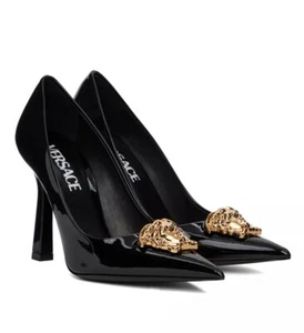 Versace Medusa Gold Black Patent Leather Pointed Toe Shoe Pump 38/ 8 NWB $995 - Picture 1 of 15