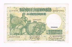 50 Frank/Franc = 10 BELGAS  type  "1927" Anto-Carte  16.01.1937  Morin 44b  XF - Picture 1 of 2