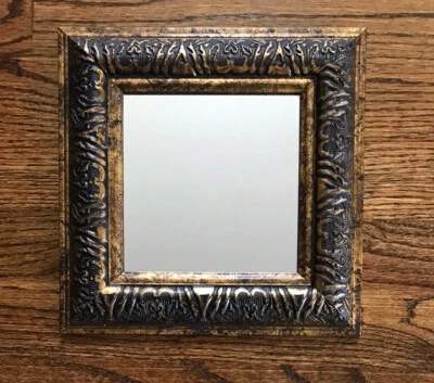 Beautiful 9 x 9" x .75" Antiqued Gold Finish Resin Frame Square Wall Mirror - Image 1 of 4