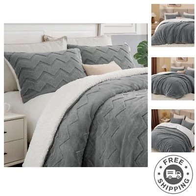 毛绒特大号被子套装 - 可机洗柔软夏尔巴床套装灰色 — 第 1/4 张图片