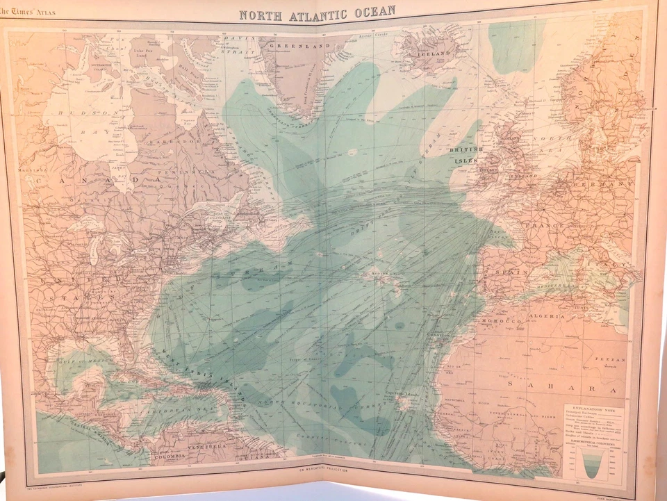 .1922 SCARCE LARGE MAP of THE NORTH ATLANTIC OCEAN + SHIPPING ROUTES. VERY NICE! - Image 1 of 4