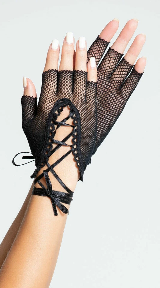 Black FISHNET FINGERLESS LACE UP GLOVES Leg Avenue G1865 Rocker Retro Punk 80's - Image 1 of 1