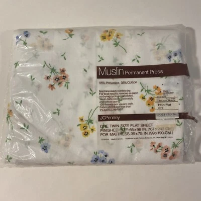 Vtg J C Penney Twin Flat Bed Sheet Floral Muslin No Iron NOS 66" x 96" - Image 1 of 4