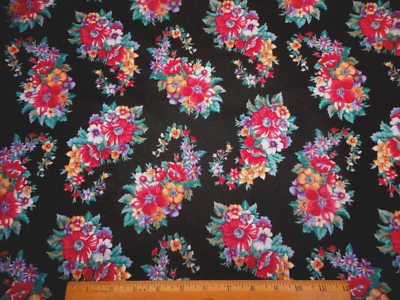Floral Chintz Fabric By The Yard Red Blue Gold Green on Black Polish Cotton #C - Image 1 of 2