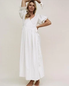 Maxi Vestido Daughters Of India Talla L Uma Blanco Algodón Vestido Envolvente Manga Corta - Imagen 1 de 15