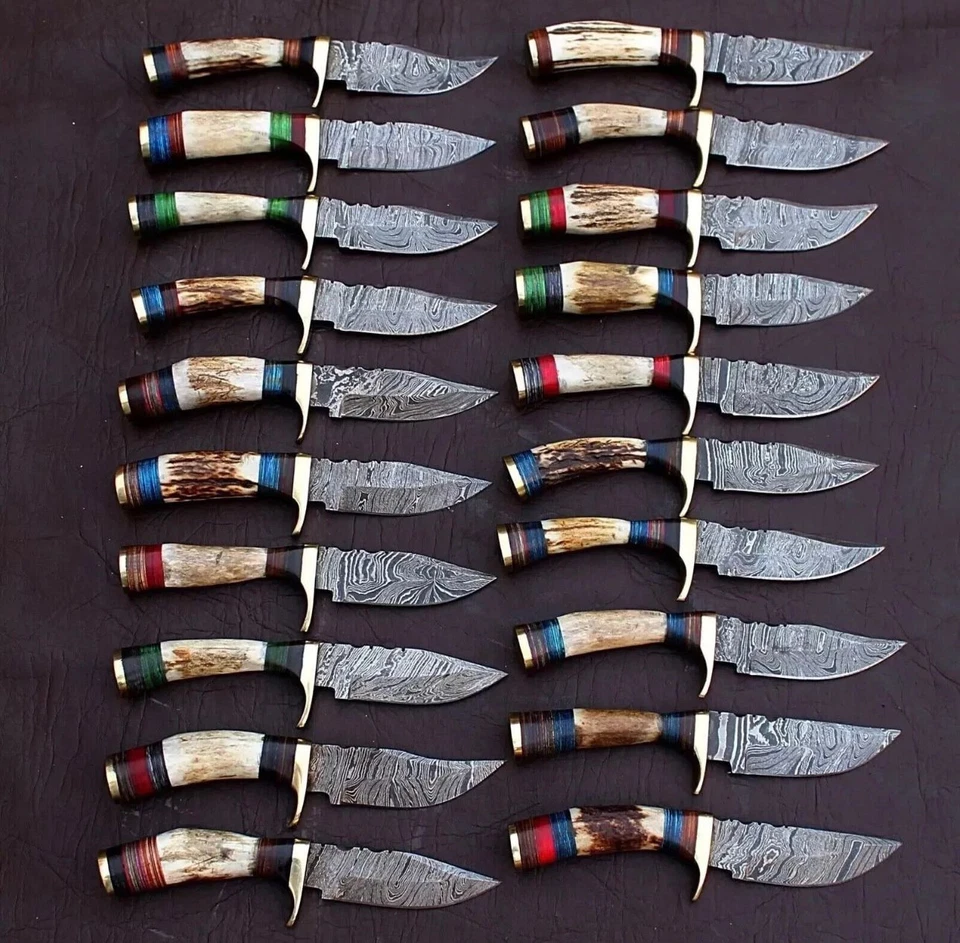 Lot of 20Pcs Custom Handmade Damascus Steel 6" Thick Stag Horn Knives W/Sheaths. - Image 1 of 4