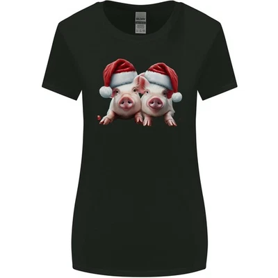 Noël Porcelets Portant Noël Chapeaux Cochon Femmes Plus Large Coupe T-Shirt - Photo 1/3