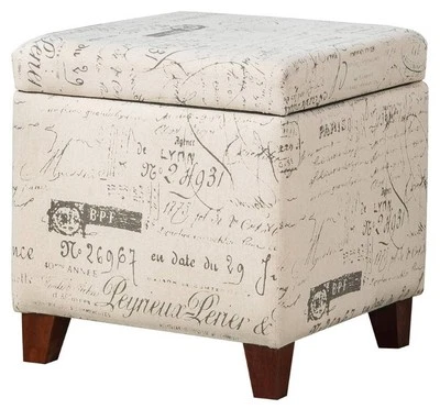 Adeco Fabric Script Pattern Cube Storage Footstool, Hinged Lid, Solid Wood Legs - Image 1 of 4