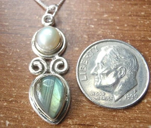 Labradorit und Zuchtperlen 925 Sterling Silber Anhänger b40c - Bild 1 von 2