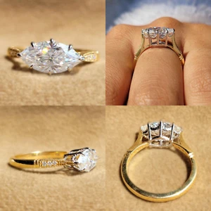 1.98Ct East West Marquise Cut White Moissanite Two Tone Gold Finish Wedding Ring - Picture 1 of 10