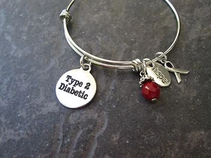Type 2 Diabetic Stainless Steel Adjustable Bangle Bracelet Medical Alert - Picture 1 of 3