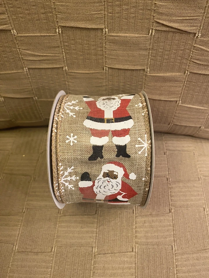 African American Black Santa Holiday Christmas Wired Wide Ribbon - NIP - Image 1 of 1
