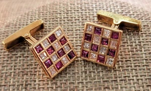 Vintage 18k Yellow Gold Diamond And Ruby Carre Cut Checkerboard Cufflinks - Picture 1 of 10