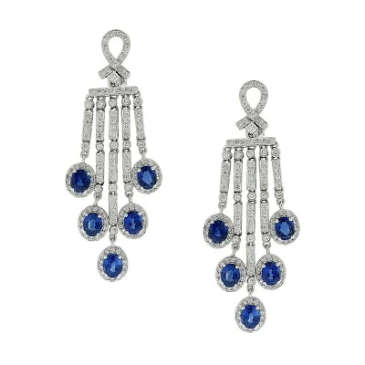 Pendientes colgantes araña diamantes redondos zafiro ovalado azul oro blanco de 18 quilates 7,52 quilates Foto 1 de 4