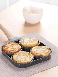 4 Löcher Eierbratpfanne Frühstück Burger Steak Antihaftbeschichteter Herd mit Holzgriff - Bild 1 von 3
