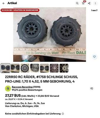 22RR50 RC WHEELS, #1758 SLING SHOT, PRO-LINE: 1.70 X 4.52, 5MM BORE, 4-1/4" NEU! - Bild 1 von 4