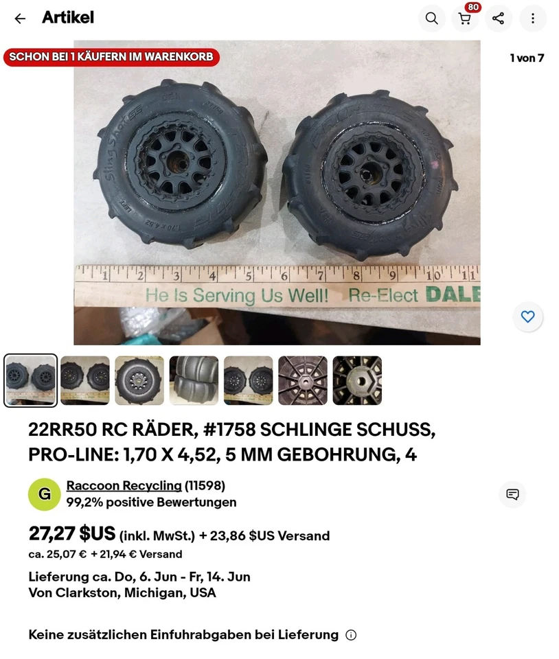 22RR50 RC WHEELS, #1758 SLING SHOT, PRO-LINE: 1.70 X 4.52, 5MM BORE, 4-1/4" NEU! - Bild 1 von 4