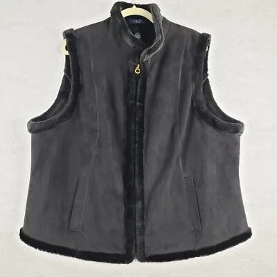 Chaps Women's 2X Faux Suede Fur Trim Vest Black Penny Lane Style Winter Watm - Image 1 of 4