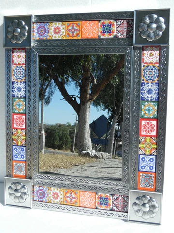 PUNCHED TIN MIRROR mixed talavera tile mexican ethnic hand made folk art Cover