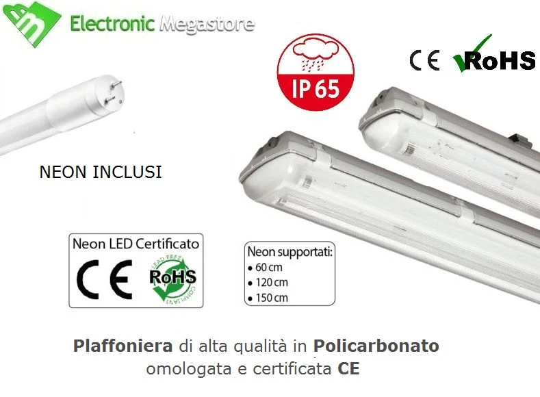 PLAFONIERA STAGNA NEON IP66 LED PER ESTERNO 60 120 150 NEON LED INCLUSI - Immagine 1 di 1