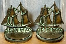Antique Bronzed Cast Iron Sailing Ship Nautical Galleon Schooner Boat Book Ends