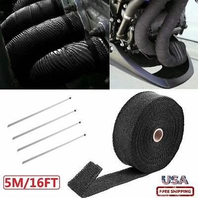 2" Motorcycle Exhaust Heat Wrap Protection Black Header Pipe Tape+Ties Kit 16Ft - Image 1 of 4