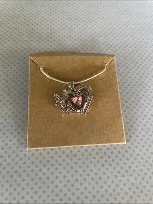 Розовый сердце и бабочка я люблю тебя подвеска ожерелье серебристого тона романтический - Изображение 1 из 3
