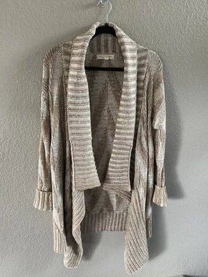 Cárdigan Mujer Mirando a las Estrellas Pequeño Beige Tostado Chevron Abierto Boho Cascada Foto 1 de 4