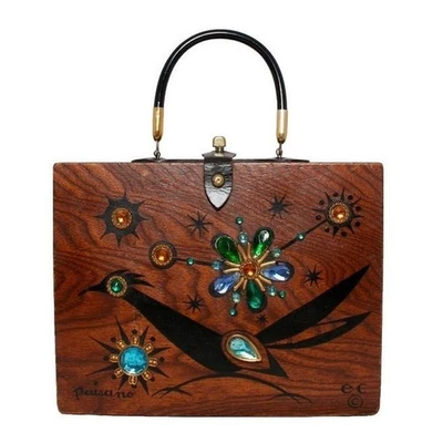 ENID COLLINS WOODEN BOX BAG PURSE PAISANO ROAD RUNNER BIRD Vintage 1966  - Image 1 of 4