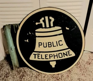 Vintage Bell Public Telephone Two Sided Flange Sign Painted Metal 18" Diameter - Picture 1 of 2