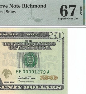 2004 $20 RICHMOND FRN. PMG SUPERB GEM Uncirculated 67 EPQ Banknote. Low Serial # - Picture 1 of 3