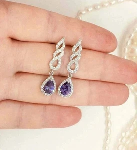 2.00Ct Pear Cut Lab Created Purple Amethyst Drop Earrings 14k White Gold Plated - Picture 1 of 6