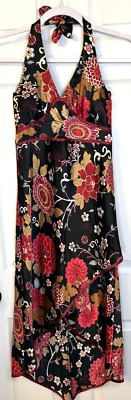 Vestido Halter Jodi Kristopher De Colección Jrs Talla 3/4 Negro Tropical Floral Satinado Alto Bajo Foto 1 de 4