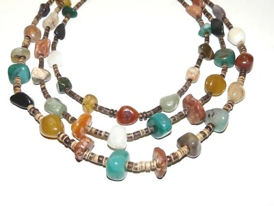 Collier 3 rgs bois de coco foncé perles d'agate véritable multicolore UNIQUE - Photo 1/4