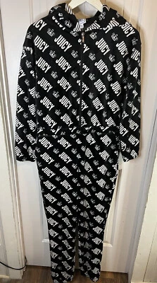Juicy Couture Mediano Negro Blanco Logo Terciopelo Acogedor Mono con Capucha Estampado con Cremallera Foto 1 de 4