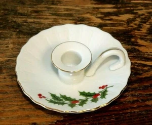R. H. Macy's Christmas "All the Trimmings" Candle Holder Holly gold rim Japan - Picture 1 of 3