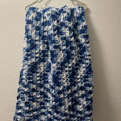 Handmade Chunky Knit Geometric Throw Blanket Blue & White 47"x49” - Image 1 of 4